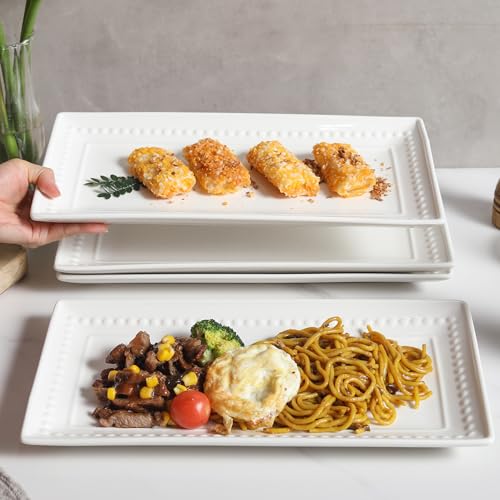 Feenmai 14 inch Ceramic Serving Platter - Rectangular Serving Trays Set of 4, Large Embossed Plates, Porcelain White Platters for Steak, Appetizer, Dessert, Tacos, Housewarming, Oven Dishwasher Safe - My Kitchen Products