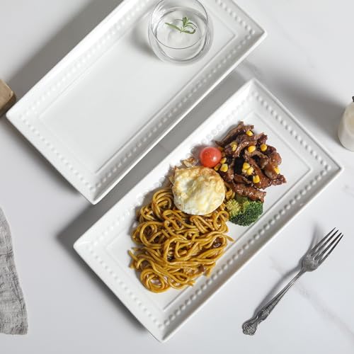 Feenmai 14 inch Ceramic Serving Platter - Rectangular Serving Trays Set of 4, Large Embossed Plates, Porcelain White Platters for Steak, Appetizer, Dessert, Tacos, Housewarming, Oven Dishwasher Safe - My Kitchen Products