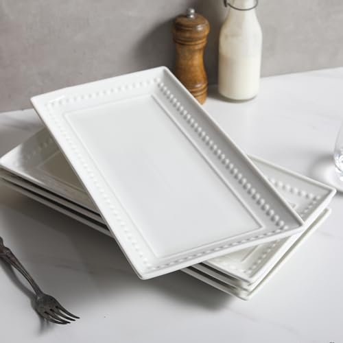 Feenmai 14 inch Ceramic Serving Platter - Rectangular Serving Trays Set of 4, Large Embossed Plates, Porcelain White Platters for Steak, Appetizer, Dessert, Tacos, Housewarming, Oven Dishwasher Safe - My Kitchen Products
