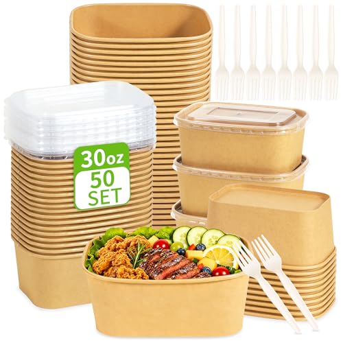 FEHHTO 50-Pack 30oz Disposable Meal Prep Containers with Lids and Forks, Compostable Kraft Paper Bowls To Go, Microwave & Freezer Safe Food Containers for Hot Soup, Cold Dessert, Lunch, Takeout - My Kitchen Products