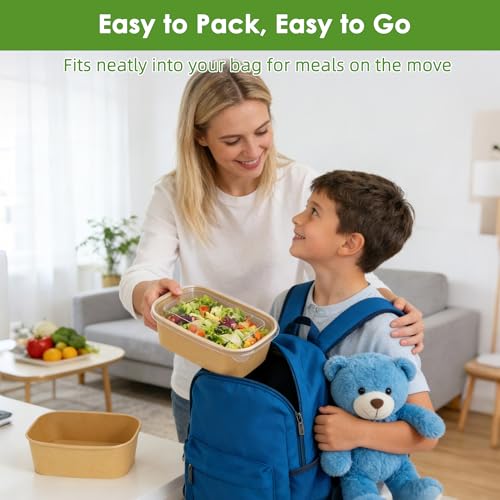 FEHHTO 50-Pack 30oz Disposable Meal Prep Containers with Lids and Forks, Compostable Kraft Paper Bowls To Go, Microwave & Freezer Safe Food Containers for Hot Soup, Cold Dessert, Lunch, Takeout - My Kitchen Products