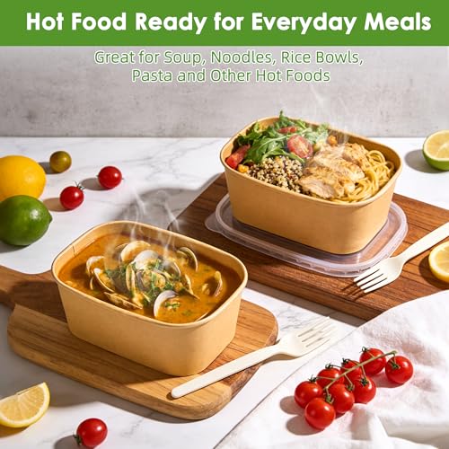 FEHHTO 50-Pack 30oz Disposable Meal Prep Containers with Lids and Forks, Compostable Kraft Paper Bowls To Go, Microwave & Freezer Safe Food Containers for Hot Soup, Cold Dessert, Lunch, Takeout - My Kitchen Products