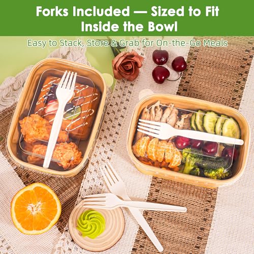 FEHHTO 50-Pack 30oz Disposable Meal Prep Containers with Lids and Forks, Compostable Kraft Paper Bowls To Go, Microwave & Freezer Safe Food Containers for Hot Soup, Cold Dessert, Lunch, Takeout - My Kitchen Products