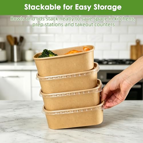FEHHTO 50-Pack 30oz Disposable Meal Prep Containers with Lids and Forks, Compostable Kraft Paper Bowls To Go, Microwave & Freezer Safe Food Containers for Hot Soup, Cold Dessert, Lunch, Takeout - My Kitchen Products