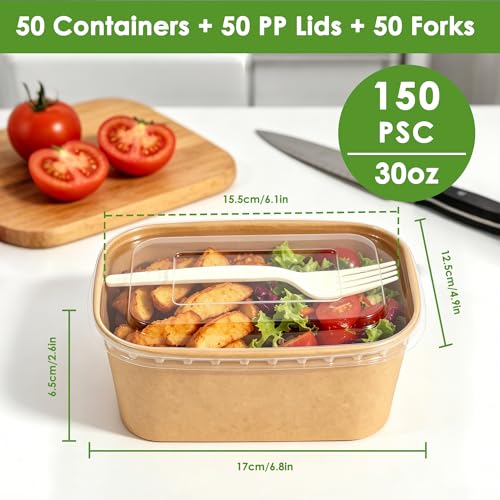 FEHHTO 50-Pack 30oz Disposable Meal Prep Containers with Lids and Forks, Compostable Kraft Paper Bowls To Go, Microwave & Freezer Safe Food Containers for Hot Soup, Cold Dessert, Lunch, Takeout - My Kitchen Products
