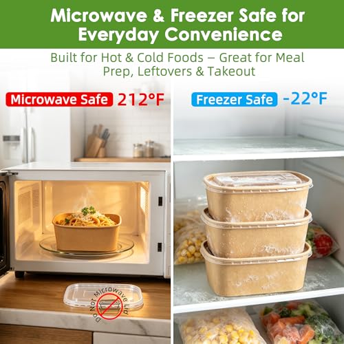FEHHTO 50-Pack 30oz Disposable Meal Prep Containers with Lids and Forks, Compostable Kraft Paper Bowls To Go, Microwave & Freezer Safe Food Containers for Hot Soup, Cold Dessert, Lunch, Takeout - My Kitchen Products