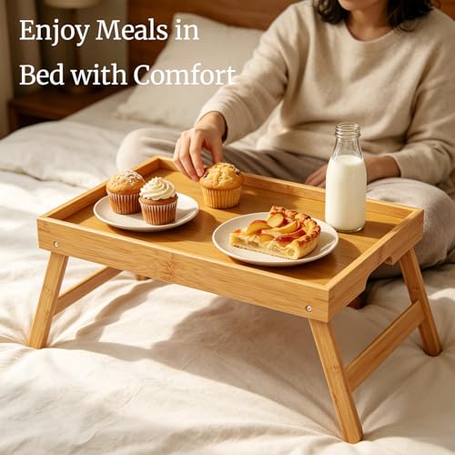 Fibogollo 2 Pack Bamboo Bed Tray Table with Folding Legs,Breakfast Trays,Serving Tray for Food and Snack,Laptop Trays for Working(Natural) - My Kitchen Products