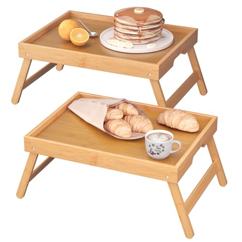 Fibogollo 2 Pack Bamboo Bed Tray Table with Folding Legs,Breakfast Trays,Serving Tray for Food and Snack,Laptop Trays