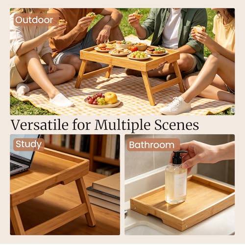 Fibogollo 2 Pack Bamboo Bed Tray Table with Folding Legs,Breakfast Trays,Serving Tray for Food and Snack,Laptop Trays for Working(Natural) - My Kitchen Products