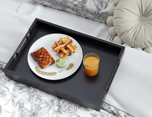 Fibogollo Bamboo Serving Tray with Metal Handles,17x12in Ottoman Decorative Trays Platter for Coffee Table,Living Room,Bar,Party,Large(Black) - My Kitchen Products