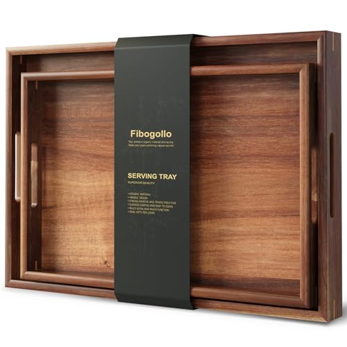 Fibogollo Set of 2 Acacia Wood Serving Tray with Handles,Decorative Trays Platter,Breakfast Tray in Bed,Food Drinks Tray