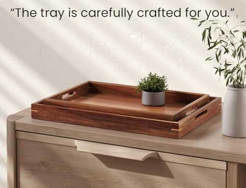 Fibogollo Set of 2 Acacia Wood Serving Tray with Handles,Decorative Trays Platter,Breakfast Tray in Bed,Food Drinks Tray for Eating,Working,Storing(Brown) - My Kitchen Products