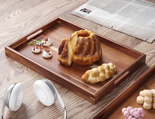 Fibogollo Set of 2 Acacia Wood Serving Tray with Handles,Decorative Trays Platter,Breakfast Tray in Bed,Food Drinks Tray for Eating,Working,Storing(Brown) - My Kitchen Products