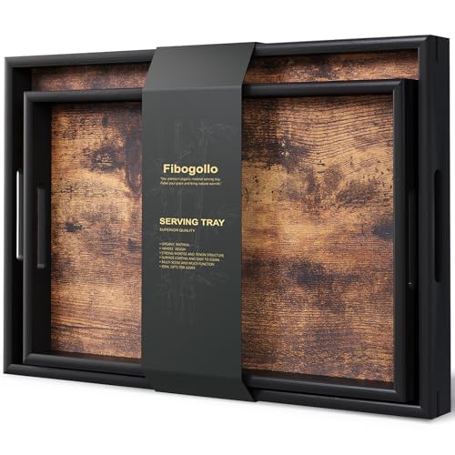 Fibogollo Set of 2 Wooden Serving Tray with Handles,Decorative Trays Platter,Breakfast Tray in Bed,Large Coffee Table
