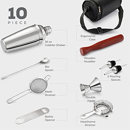 FineDine 10-Piece Cocktail Shaker Set with Travel Bag - Stainless Steel Shaker Set Bartender Kit - Mixology Bartender Kit - Strainer, Muddler, Jigger, Bar Spoon, Bottle Opener, Pour Spouts - Bar Set - My Kitchen Products