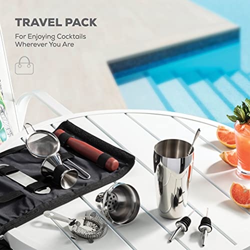 FineDine 10-Piece Cocktail Shaker Set with Travel Bag - Stainless Steel Shaker Set Bartender Kit - Mixology Bartender Kit - Strainer, Muddler, Jigger, Bar Spoon, Bottle Opener, Pour Spouts - Bar Set - My Kitchen Products