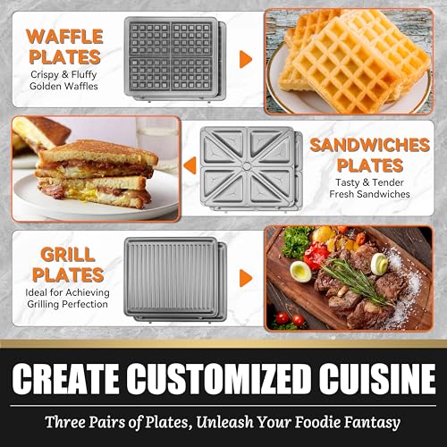 FineMade Belgian Waffle Maker with Removable Plates, Waflera Electrica, Large Waffle Iron, 3 in 1 Panini Grill Press Breakfast Sandwich Maker, Electric Griddle, Grilled Cheese Maker, Breakfast Station - My Kitchen Products