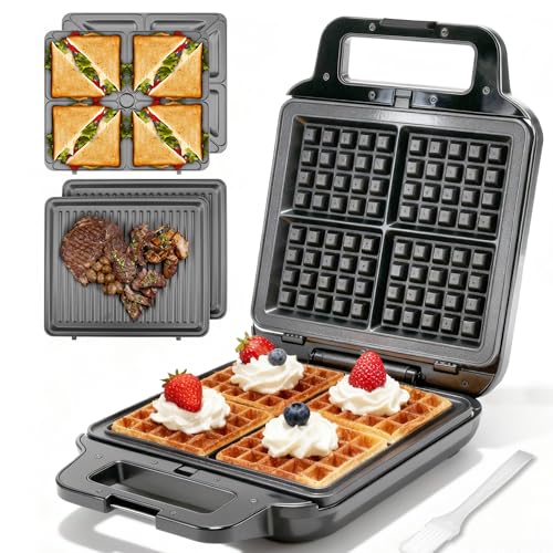 FineMade Belgian Waffle Maker with Removable Plates, Waflera Electrica, Large Waffle Iron, 3 in 1 Panini Grill Press Breakfast Sandwich Maker, Electric Griddle, Grilled Cheese Maker, Breakfast Station - My Kitchen Products