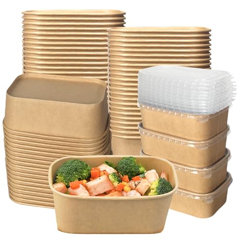FISDEN 50 Pack Kraft Paper Food Container, 25 OZ Disposable Salad Bowls with Lids, Oil-Proof Rectangular Soup Bowls for Meal Prep Snack Takeout, Microwave Freezer Safe - My Kitchen Products