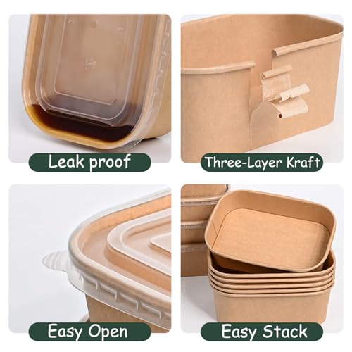 FISDEN 50 Pack Kraft Paper Food Container, 25 OZ Disposable Salad Bowls with Lids, Oil-Proof Rectangular Soup Bowls for Meal Prep Snack Takeout, Microwave Freezer Safe - My Kitchen Products