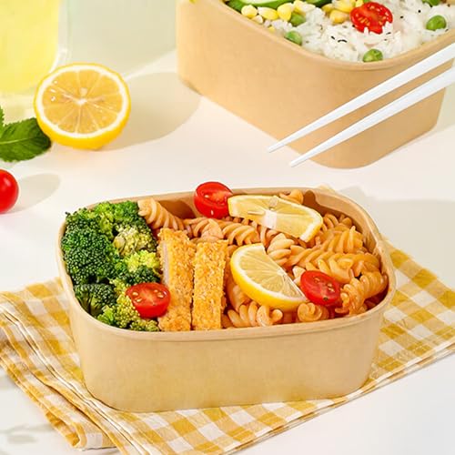 FISDEN 50 Pack Kraft Paper Food Container, 25 OZ Disposable Salad Bowls with Lids, Oil-Proof Rectangular Soup Bowls for Meal Prep Snack Takeout, Microwave Freezer Safe - My Kitchen Products