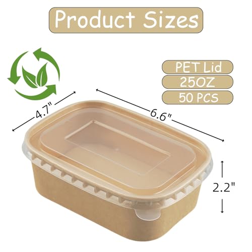 FISDEN 50 Pack Kraft Paper Food Container, 25 OZ Disposable Salad Bowls with Lids, Oil-Proof Rectangular Soup Bowls for Meal Prep Snack Takeout, Microwave Freezer Safe - My Kitchen Products