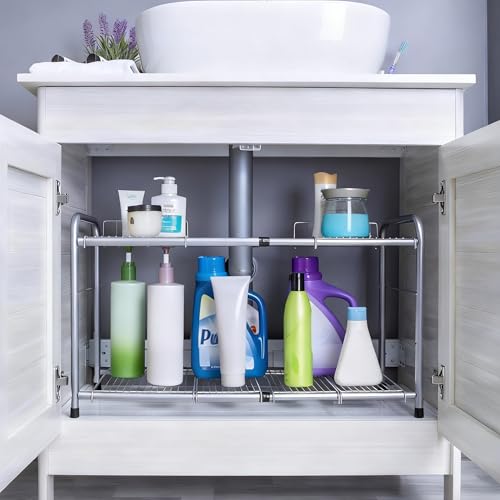 FlagShip 2 Tier Under Sink Organizers and Storage Rack Expandable Cabinet Shelf for Kitchen Bathroom Silver (17-25 inches) - My Kitchen Products