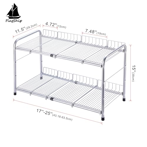 FlagShip 2 Tier Under Sink Organizers and Storage Rack Expandable Cabinet Shelf for Kitchen Bathroom Silver (17-25 inches) - My Kitchen Products