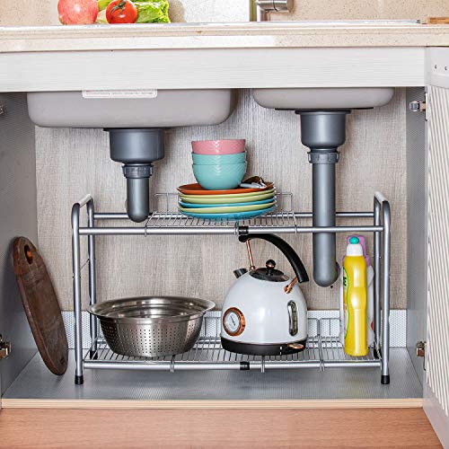 FlagShip 2 Tier Under Sink Organizers and Storage Rack Expandable Cabinet Shelf for Kitchen Bathroom Silver (17-25 inches) - My Kitchen Products