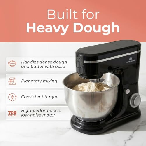 Flamebrook ProMix 1000 Stand Mixer, 700W Tilt-Head Kitchen Mixer with 6.3-Qt Stainless Steel Bowl, 6-Speed Control, Dough Hook, Flat Beater & Whisk, Planetary Mixing Action, Black - My Kitchen Products