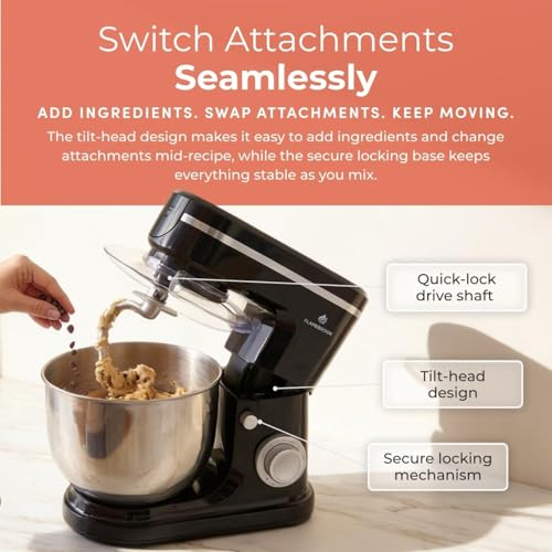 Flamebrook ProMix 1000 Stand Mixer, 700W Tilt-Head Kitchen Mixer with 6.3-Qt Stainless Steel Bowl, 6-Speed Control, Dough Hook, Flat Beater & Whisk, Planetary Mixing Action, Black - My Kitchen Products