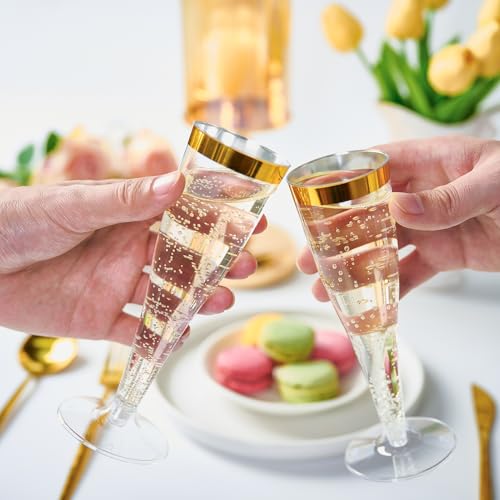 FOCUSLINE 100 Pack Plastic Champagne Flutes, 4.5 Oz Gold Rim Plastic Champagne Glasses, Disposable Clear Toasting Glasses Recyclable Champagne Cups for Wedding Party - My Kitchen Products