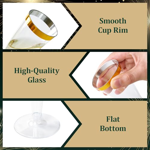 FOCUSLINE 100 Pack Plastic Champagne Flutes, 4.5 Oz Gold Rim Plastic Champagne Glasses, Disposable Clear Toasting Glasses Recyclable Champagne Cups for Wedding Party - My Kitchen Products