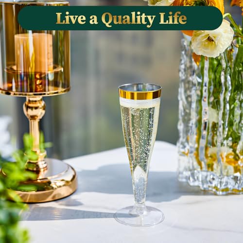 FOCUSLINE 100 Pack Plastic Champagne Flutes, 4.5 Oz Gold Rim Plastic Champagne Glasses, Disposable Clear Toasting Glasses Recyclable Champagne Cups for Wedding Party - My Kitchen Products