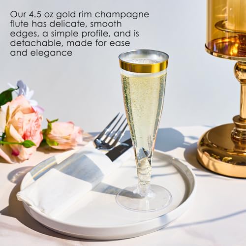 FOCUSLINE 100 Pack Plastic Champagne Flutes, 4.5 Oz Gold Rim Plastic Champagne Glasses, Disposable Clear Toasting Glasses Recyclable Champagne Cups for Wedding Party - My Kitchen Products