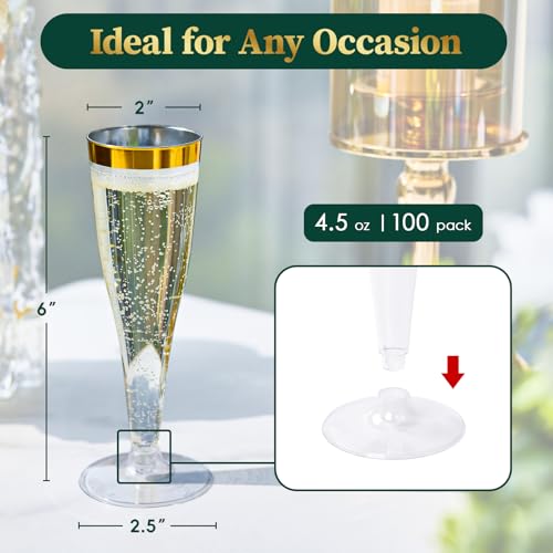 FOCUSLINE 100 Pack Plastic Champagne Flutes, 4.5 Oz Gold Rim Plastic Champagne Glasses, Disposable Clear Toasting Glasses Recyclable Champagne Cups for Wedding Party - My Kitchen Products