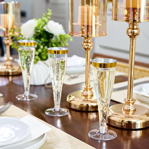 FOCUSLINE 100 Pack Plastic Champagne Flutes, 4.5 Oz Gold Rim Plastic Champagne Glasses, Disposable Clear Toasting Glasses Recyclable Champagne Cups for Wedding Party - My Kitchen Products