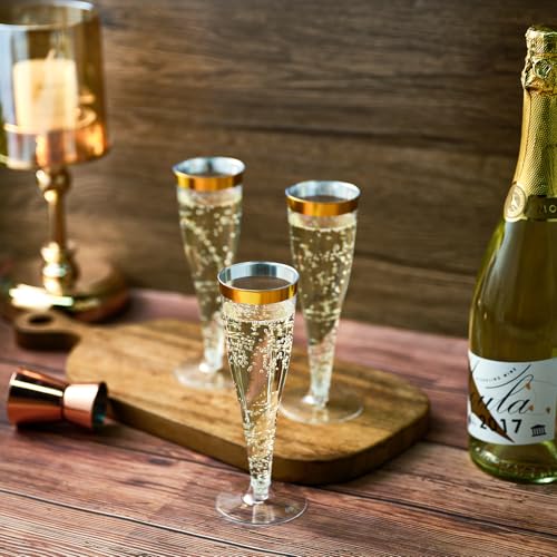 FOCUSLINE 100 Pack Plastic Champagne Flutes, 4.5 Oz Gold Rim Plastic Champagne Glasses, Disposable Clear Toasting Glasses Recyclable Champagne Cups for Wedding Party - My Kitchen Products