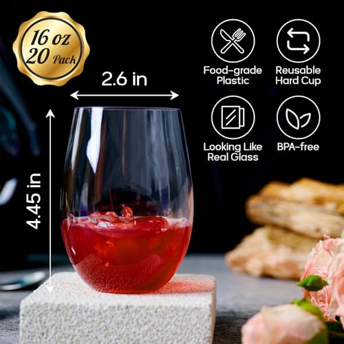 FOCUSLINE 20 Pack 16 Oz Plastic Wine Glasses, Stemless Plastic Wine Cups Heavy Duty, Unbreakable Disposable Wine Glasses for Wedding or Party - My Kitchen Products