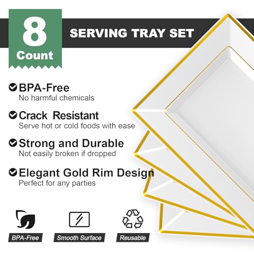 FOCUSLINE 8 PCS Plastic Serving Trays, White and Gold Rim Plastic Serving Platters, Disposable Tray for Food, Perfect for Wedding Parties - My Kitchen Products