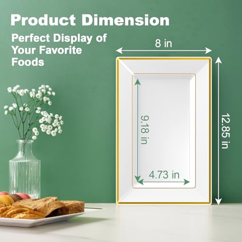 FOCUSLINE 8 PCS Plastic Serving Trays, White and Gold Rim Plastic Serving Platters, Disposable Tray for Food, Perfect for Wedding Parties - My Kitchen Products