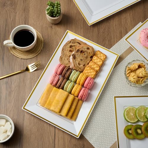FOCUSLINE 8 PCS Plastic Serving Trays, White and Gold Rim Plastic Serving Platters, Disposable Tray for Food, Perfect for Wedding Parties - My Kitchen Products