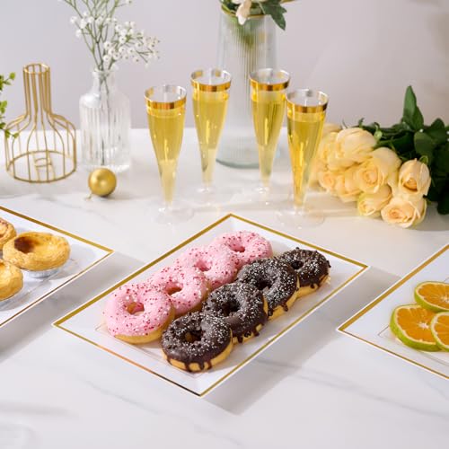 FOCUSLINE 8 PCS Plastic Serving Trays, White and Gold Rim Plastic Serving Platters, Disposable Tray for Food, Perfect for Wedding Parties - My Kitchen Products
