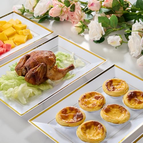 FOCUSLINE 8 PCS Plastic Serving Trays, White and Gold Rim Plastic Serving Platters, Disposable Tray for Food, Perfect for Wedding Parties - My Kitchen Products
