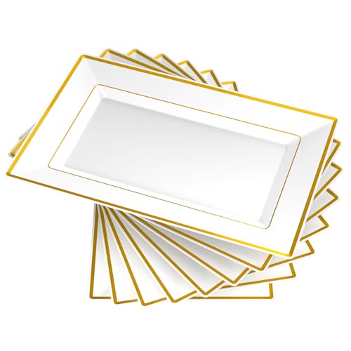 FOCUSLINE 8 PCS Plastic Serving Trays, White and Gold Rim Plastic Serving Platters, Disposable Tray for Food, Perfect
