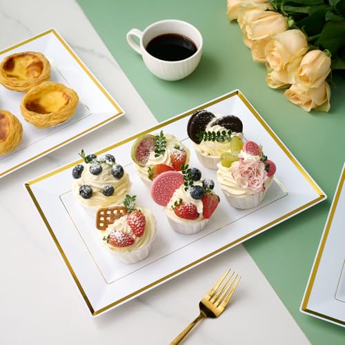 FOCUSLINE 8 PCS Plastic Serving Trays, White and Gold Rim Plastic Serving Platters, Disposable Tray for Food, Perfect for Wedding Parties - My Kitchen Products