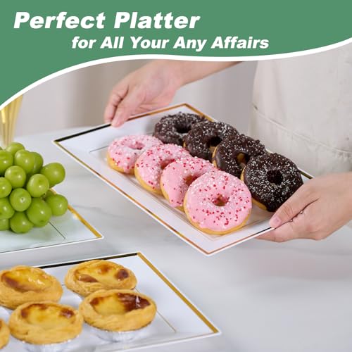 FOCUSLINE 8 PCS Plastic Serving Trays, White and Gold Rim Plastic Serving Platters, Disposable Tray for Food, Perfect for Wedding Parties - My Kitchen Products