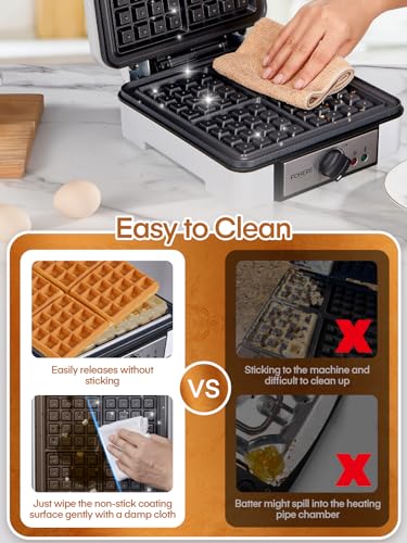 FOHERE Waffle Maker 4 Slices, 1200W Square Waffle Iron, 5 Browning Levels, Nonstick Plates, Cool-touch Handle, Anti-scald, Anti-overflow, Indicator Lights, Recipe, White (Large) - My Kitchen Products