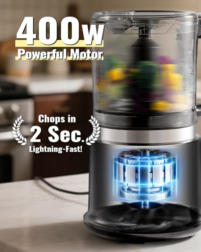 Food Chopper, 4 Cup Mini and Fast Food Processor, Electric Meat Grinder with 2 Speed, 4 Stainless Steel Blades, and Whisk, 400W Power for Chopping, Mixing, Emulsifying, Puree and Whisking, BPA-Free - My Kitchen Products