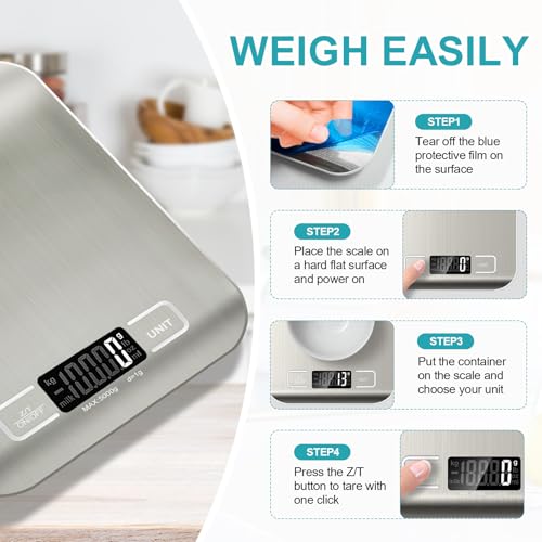 Food Scale, 11lb Kitchen Scale with 6 Units Tare Function & LCD Display, 0.05oz/1g Stainless Steel Digital Food Scale Grams and Ounces for Baking, Cooking, Dieting and Meal Prep (Batteries Included) - My Kitchen Products
